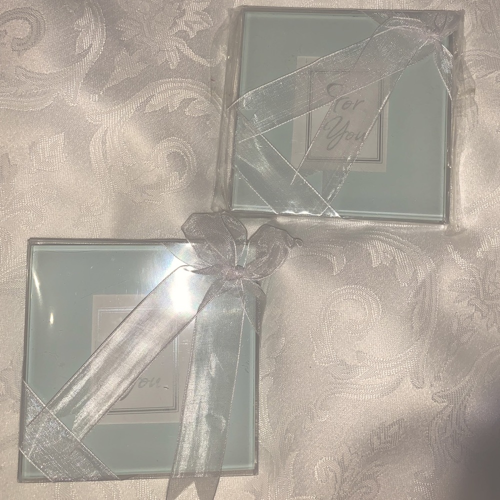Kate Aspen 4 glass coasters with light green border, that you can insert picture